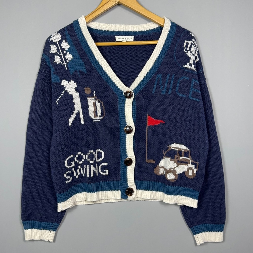 Moon River Golf Knit Cardigan Womens Size Large Navy Blue Preppy